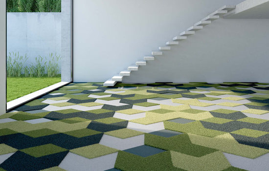 Mocheta Vorwerk 3D multicolora: nuante de verde, alb si negru